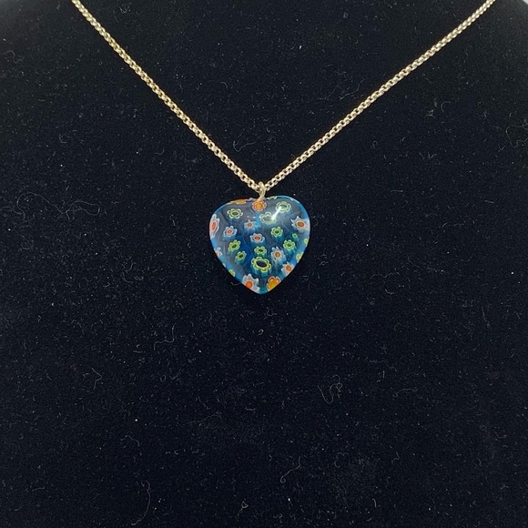 MILLEFIORI Blue Glass Heart Flower Pendant 1" w Sterling Silver 925 18" Chain - Picture 3 of 7